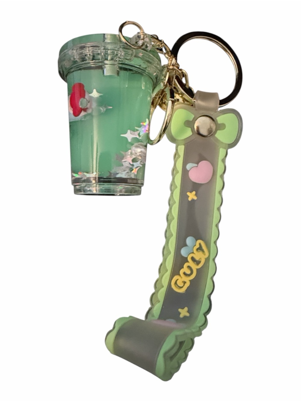 Kids Green Cup Glitter Keychain with Bow Strap